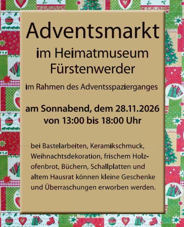 Plakat zum Adventsmarkt 2026 in Fürstenwerder Plakat zum Adventsmarkt 2025 in Fürstenwerder